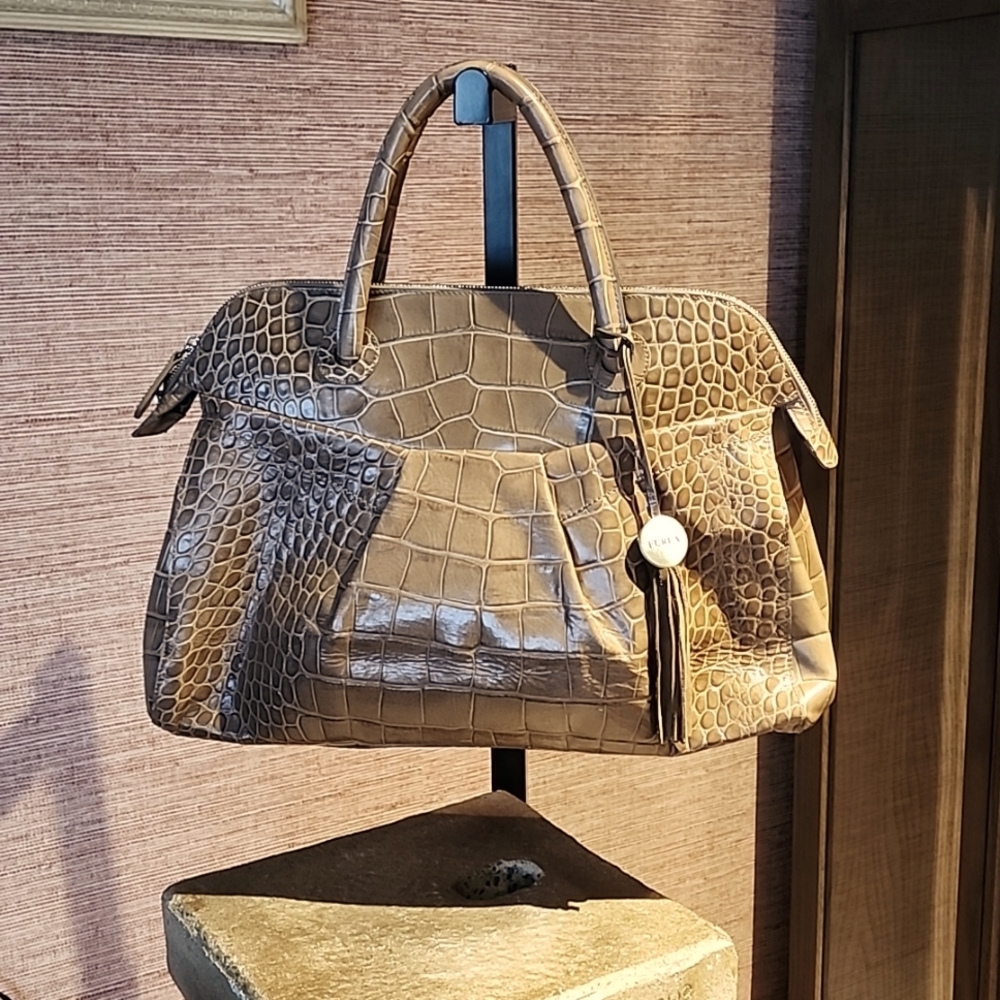 Furla Taupe Croc Embossed Leather Satchel